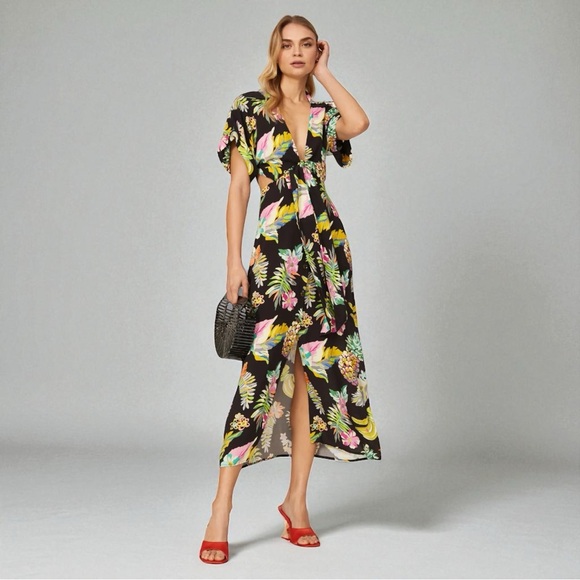 Tropical Pineapple Wrap Maxi Dress Resort Vacation Dress Black Print Size S NWT - Picture 3 of 7